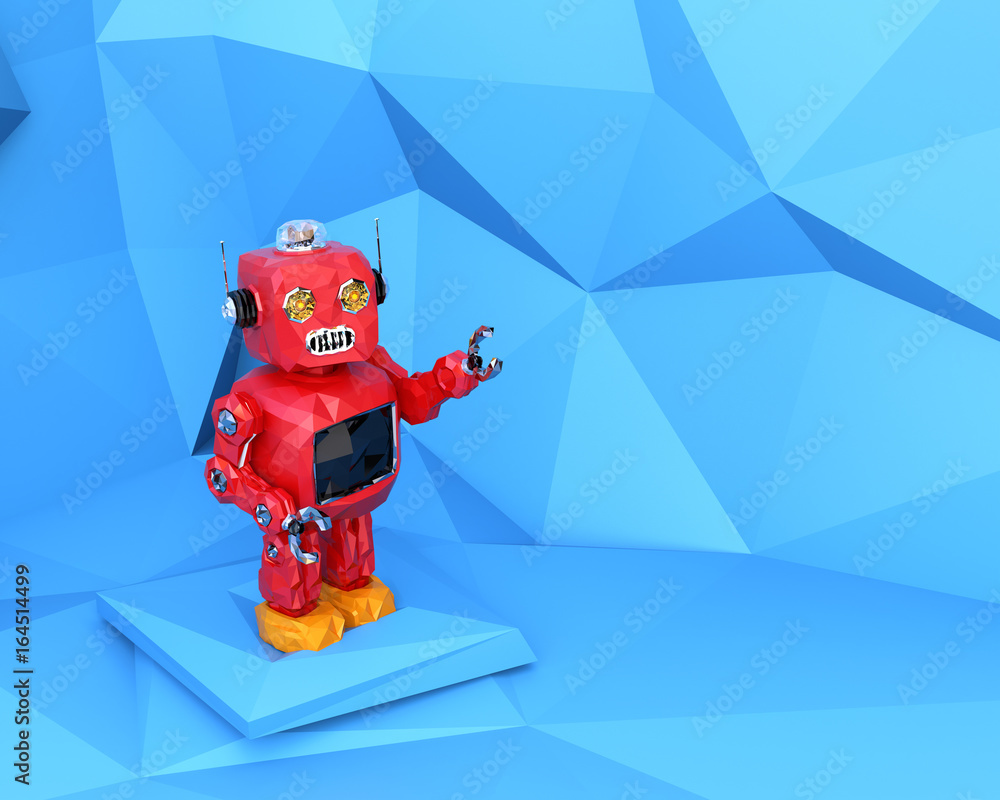 Aufkleber red low poly robot in pastel blue polygonal background. 3d rendering image.