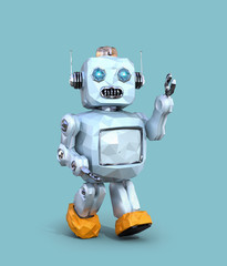 Low poly walking retro robot isolated on blue background. 3D rendering image.