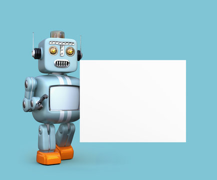 Cute retro robot with white board isolated on blue background. 3D rendering image with clipping path.