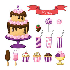 Set of bright sweets and objects. Cake with chocolate icing, small cakes and ice cream. Vector clipart on white background.