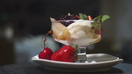 European cuisine. dessert ice cream with berries and fruit