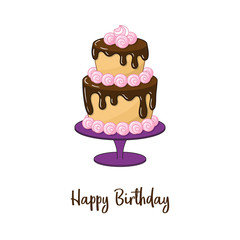Two-story cake with chocolate topping and pink marshmallows. Vector illustration.
