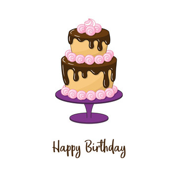 Two-story cake with chocolate topping and pink marshmallows. Vector illustration.
