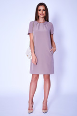 Beauty woman model wear stylish design trend clothing dress casual formal office style for work meeting walk party long blond hair lips makeup party businesswoman secretary diplomatic protocol.