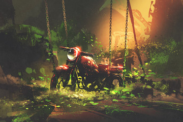 Naklejka premium abandoned rusty motorbike in overgrown vegetation, digital art style, illustration painting