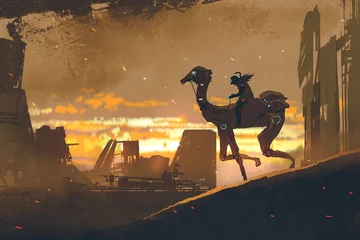 Fototapeten sci-fi scene of man on futuristic camel running in apocalypse city at sunset, digital art style, illustration painting © grandfailure