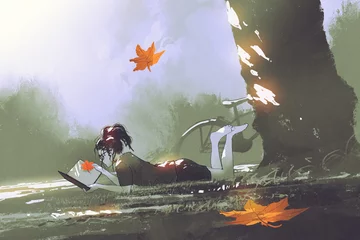 Tuinposter autumn is coming concept, young girl laying on grass reading a book in park with maple leaves falling, digital art style, illustration painting © grandfailure
