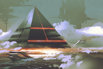 sci-fi scene of futuristic black pyramid floating over earth surface, digital art style, illustration painting © grandfailure