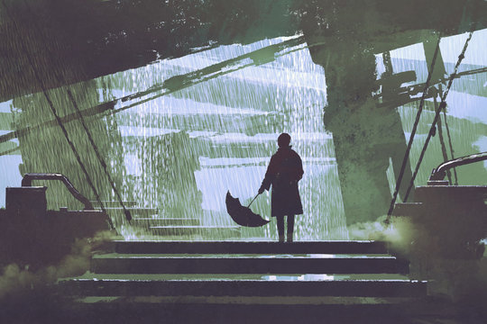 sci-fi scene of man with umbrella stands under building in rainy day, digital art style, illustration painting