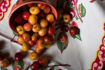 Vintage bowl of fresh cherries on cherry motif tablecloth background.