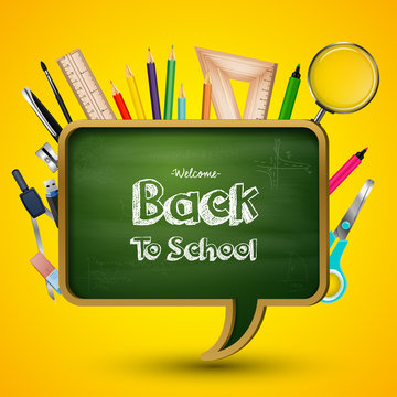 Welcome back to school with blackboard and school supplies