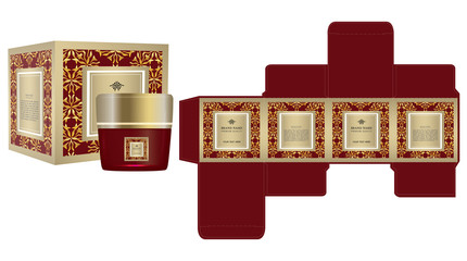 Label on packaging container with red and gold luxury box design template and mockup box, illustration vector