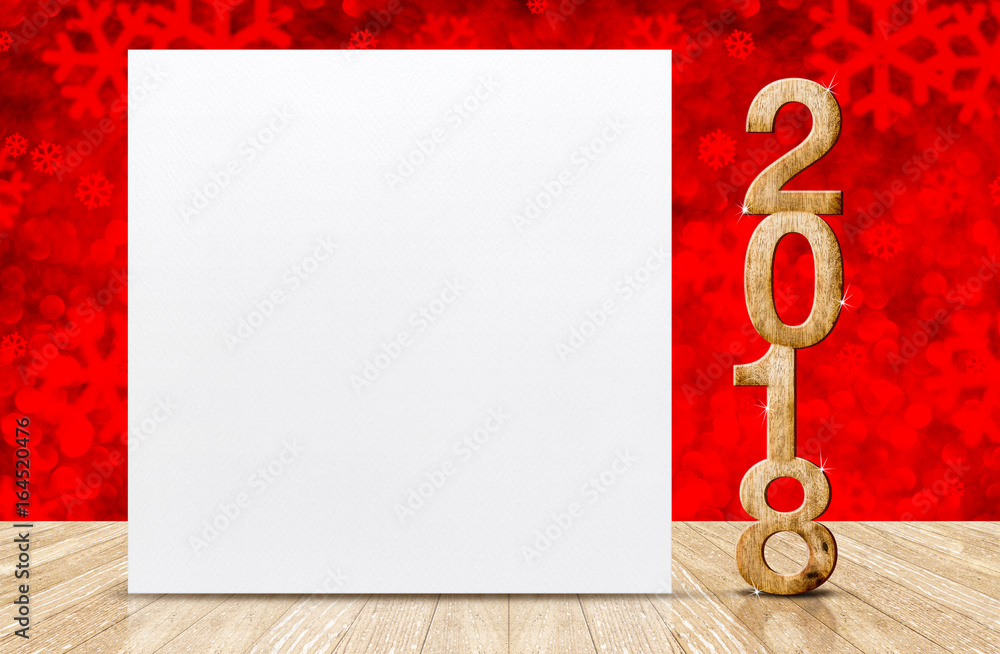 Poster happy new year 2018 with blank white greeting card in perspective room at sparkling red snowflakes b
