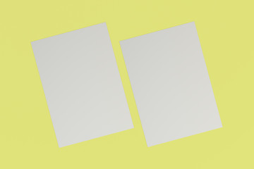 Two blank white flyers mockup on yellow background