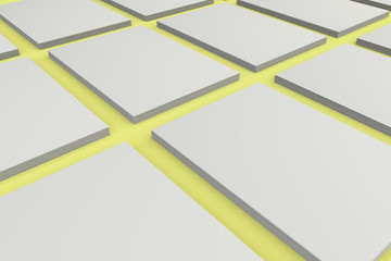 Stacks of white flyers on yellow background