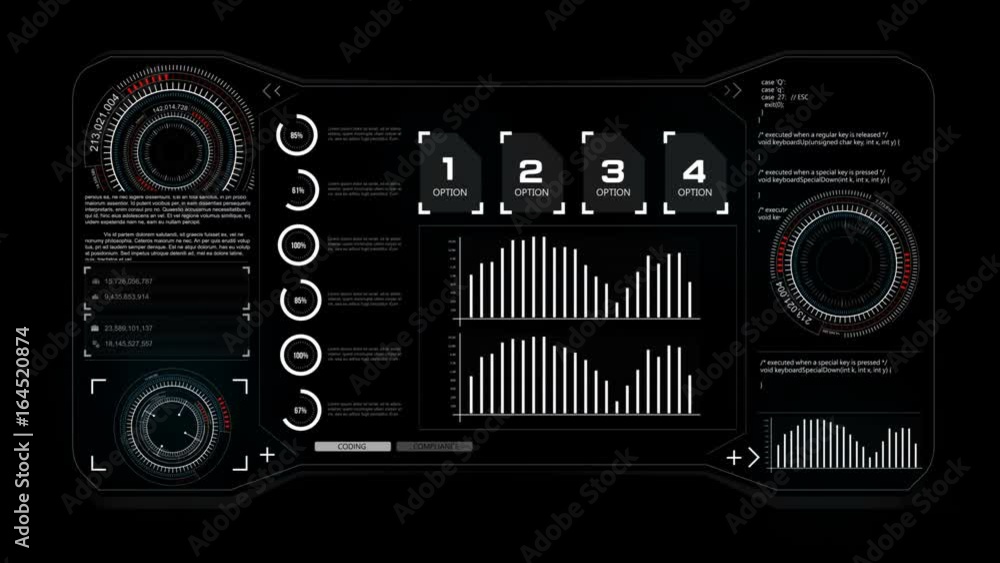 Poster 4k animation hud head up display interface code graph bar element for network cyber technology conce