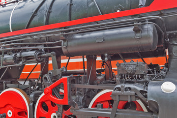 The rocker mechanism of the Soviet mainline freight locomotive L. Novosibirsk Museum of railway equipment, Siberia, Russia