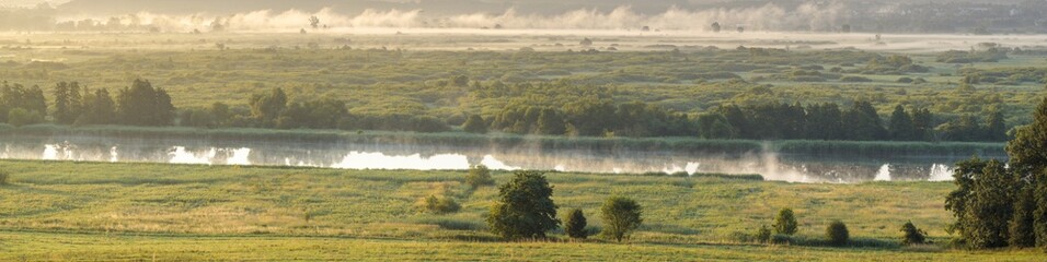 Foggy summer morning over the valley, fog and rising sun