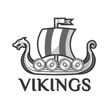 Viking warship boat with Drakkar or Drekar figurehead vector icon