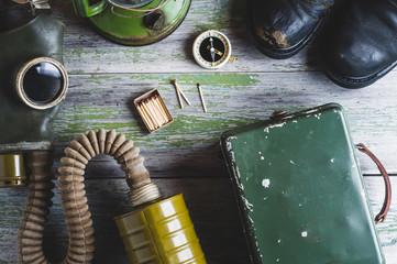 Gas mask and set for survival. Apocalypse or nuclear war concept