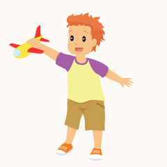 a happy little boy playing with his toy plane vector illustration