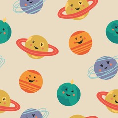 Cute seamless pattern with cartoon planets. Fun space!