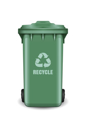 Recycling bin for trash and garbage. Green trash can. Recycling wheelie bin with recycle arrow symbol. Realistic vector illustration isolated on white background