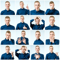 Fototapeta premium Set of young man's portraits with different emotions and gestures