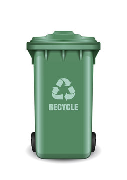 Recycling bin for trash and garbage. Green trash can. Recycling wheelie bin with recycle arrow symbol. Realistic vector illustration isolated on white background