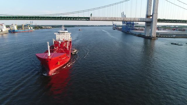 Aerial View of Oil Tanker Ship Entering Port of Philadelphia PA