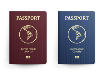 Fototapeta premium Passport With Map. South America. Realistic Vector Illustration. Red And Blue Passports With Globe. International Identification Document. Front Cover. Isolated