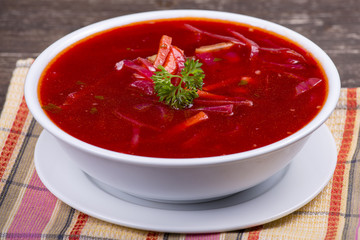 Ukrainian and russian national food - red beet soup, borscht