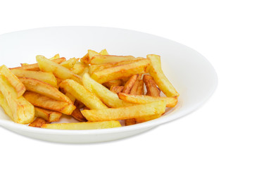 Fragment of white dish with French fries