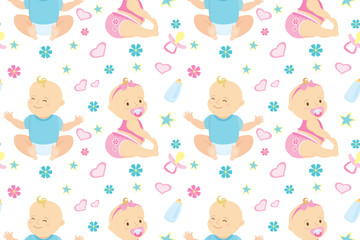 Seamless pattern with cute newborn boy and girl