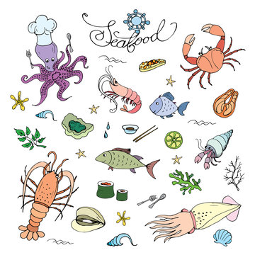 Seafood set,doodle icons or objects