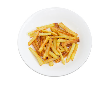 Top view of the French fries on the white dish