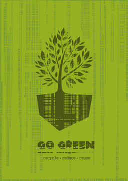 Logo Concept Design With A Tree On Grunge Green Background. Go Green. Recycle Reduce Reuse. Vector Illustration