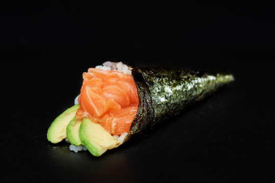 Sushi on black background. Perfect for creating sushi restaurant menu. Part of series.