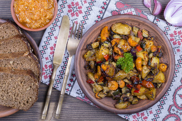 Vegetable stew in plate, close up.