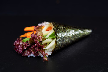 Sushi on black background. Perfect for creating sushi restaurant menu. Part of series.