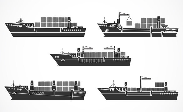 Vector set of dry cargo ships, container ships.