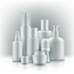 Realistic cosmetic mockup. Packages for cosmetic product. Blank templates of containers vial with dropper, bottle for shower gel, lotion, shampoo with pump dispenser, jar, tube for cream.