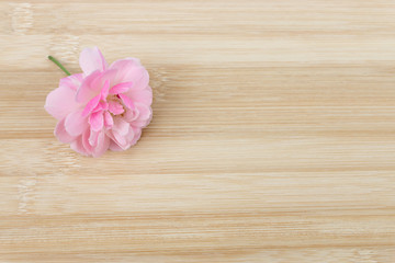 Fototapeta na wymiar The pink fairy rose flower on the bamboo wood.