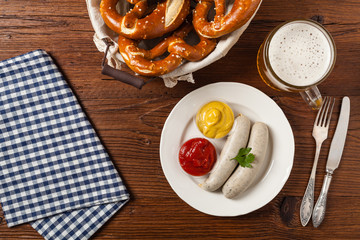Boiled white sausage, served with beer and pretzels. Perfect for Octoberfest.