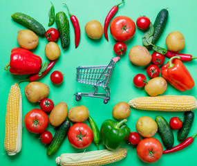 tomatoes and potatoes with shopping cart
