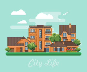 Obraz premium City life. Vector illustration with buildings, detached house, semi-detached house, bungalow, mansion, high-rise building.
