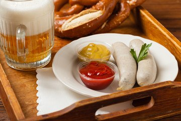 Boiled white sausage, served with beer and pretzels. Perfect for Octoberfest.
