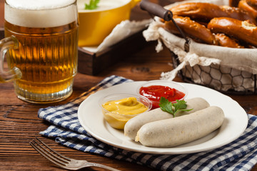 Boiled white sausage, served with beer and pretzels. Perfect for Octoberfest.
