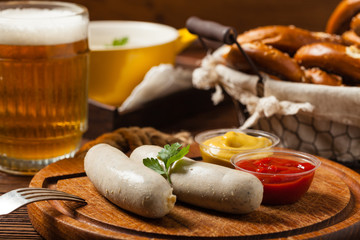 Boiled white sausage, served with beer and pretzels. Perfect for Octoberfest.