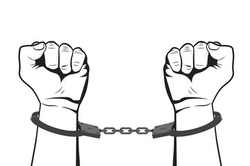 Shackled Hands in handcuffs. .Man in jail prisoner. Vector illustration